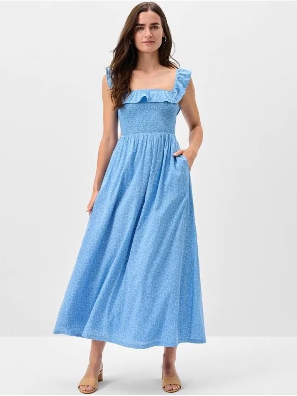 johnnie-O Sky Blue Smocked Maxi Dress with Ruffle Straps